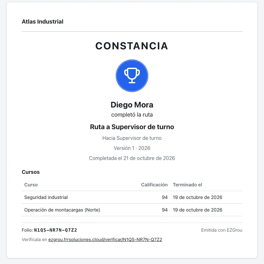 Constancia de una ruta completada con el emblema, los cursos, las calificaciones y el folio para verificarla
