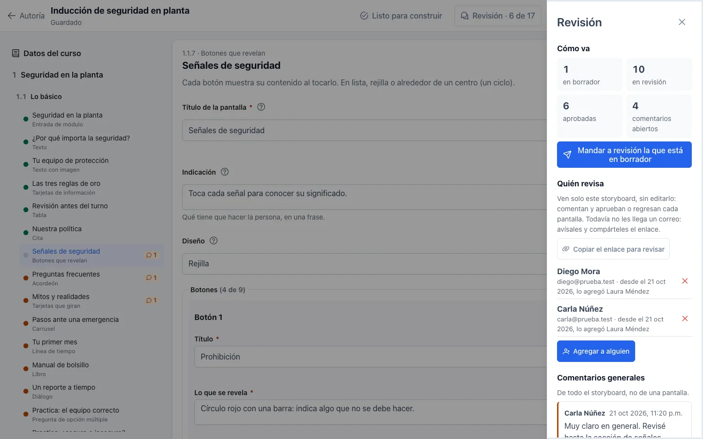 Editor de storyboard con el panel de revisión: pantallas aprobadas, en revisión y en borrador, y quién revisa