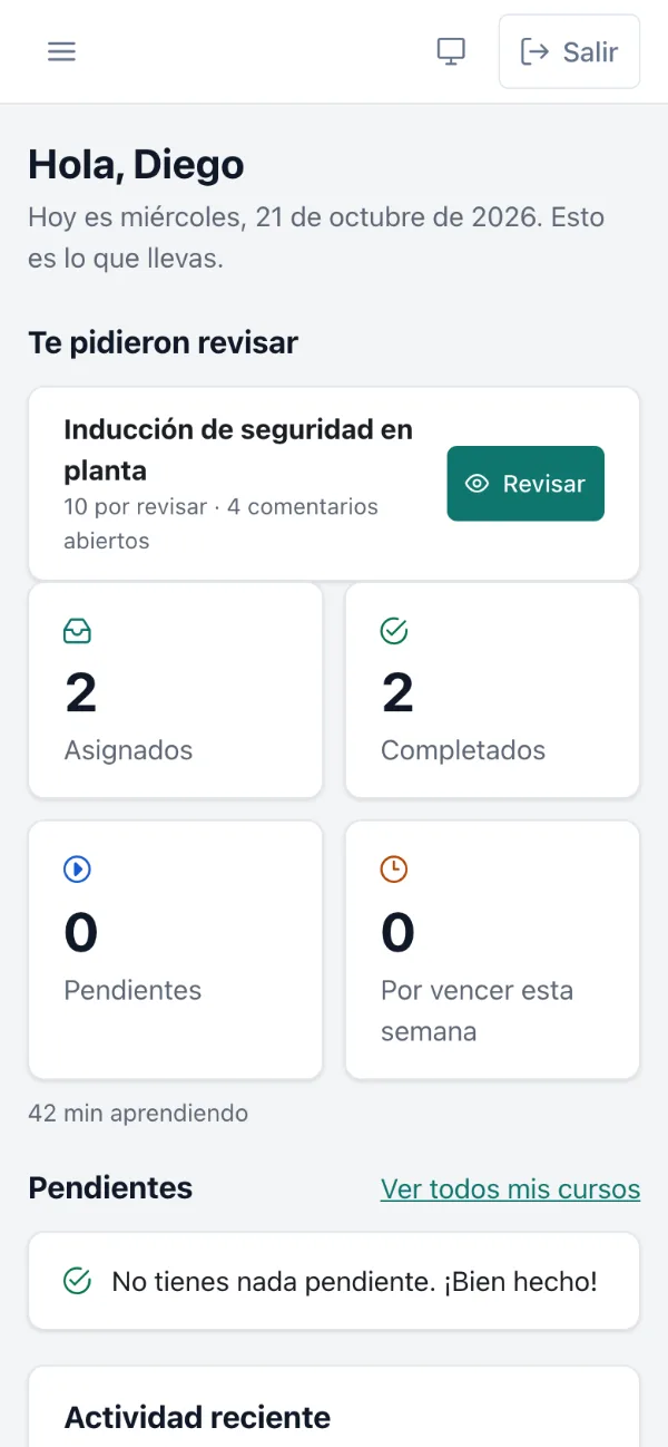Inicio del empleado en el teléfono: lo que le pidieron revisar y el resumen de sus cursos
