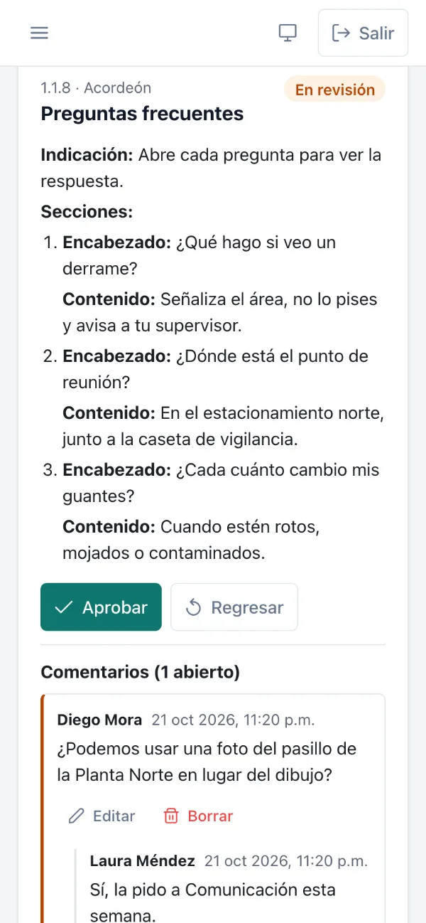 La misma revisión en el teléfono, con los botones Aprobar y Regresar